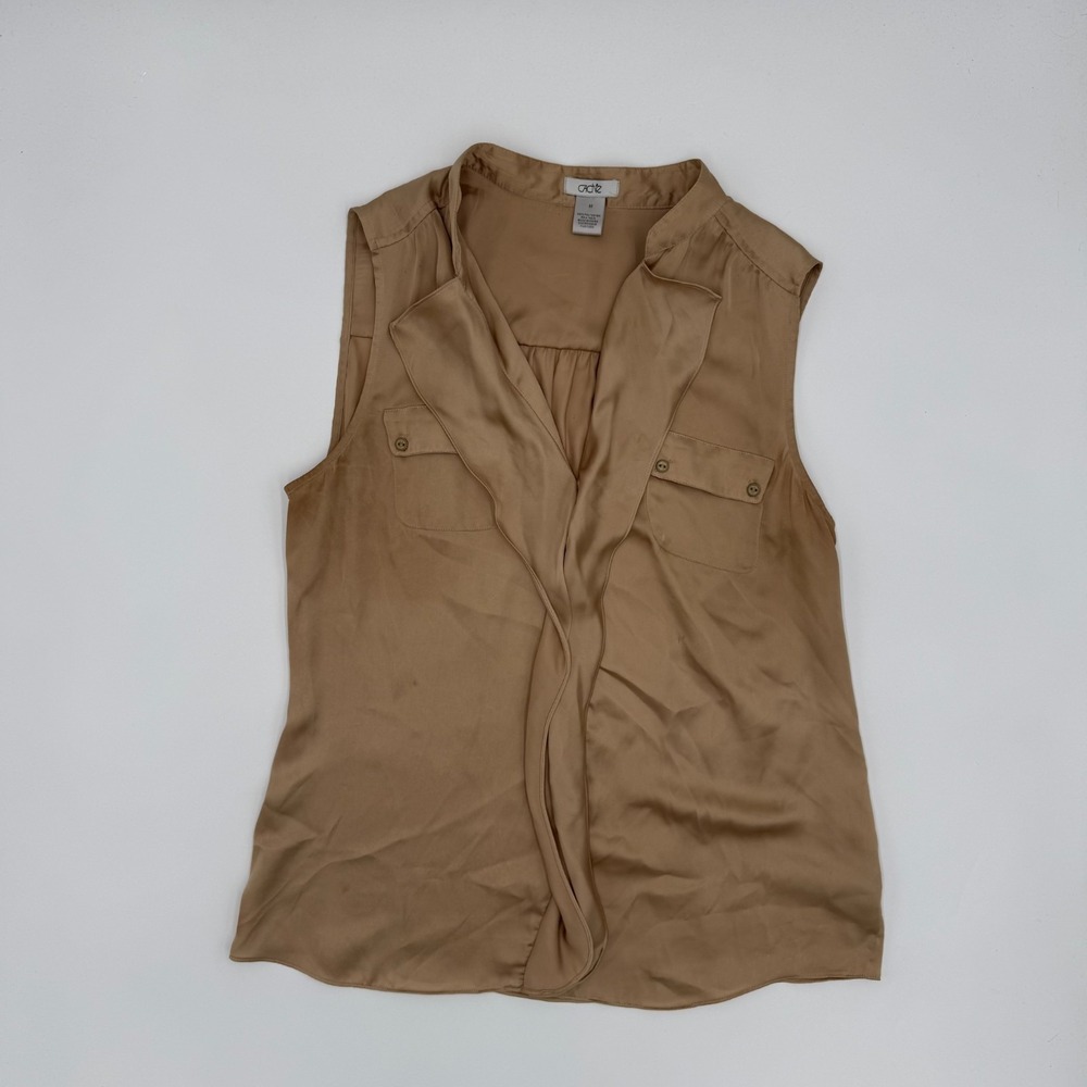 Cache Shirt Top Womens Medium Brown Ruffle Front Lightweight Sleeveless V-Neck